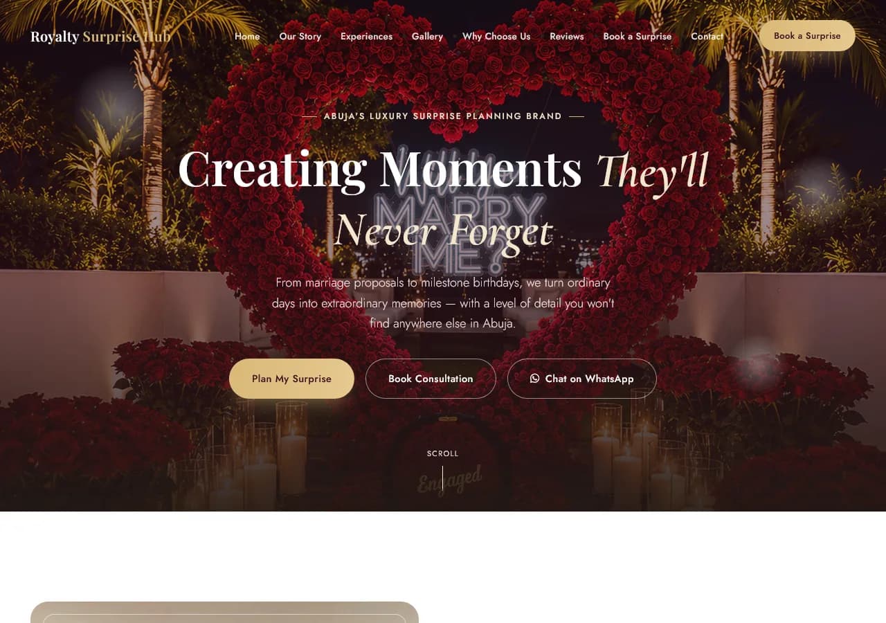 Royalty Surprise Hub website concept — homepage